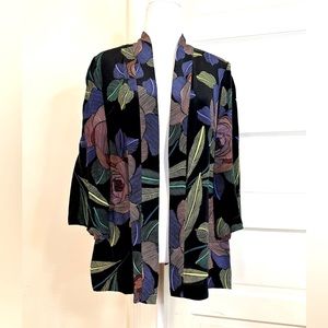 Trina Turk Black Floral 100% Silk Flare Sleeve Open Kimono Jacket, Size Medium
